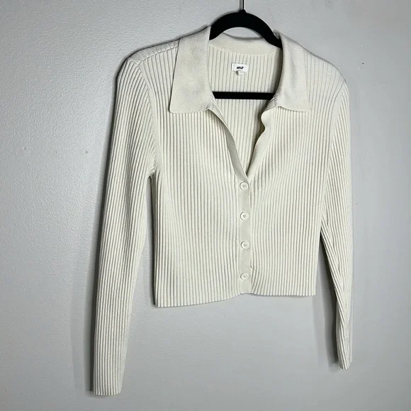 Aerie Ribbed Button Front Long Sleeve Collared Crop Top size Large - Picture 3 of 12